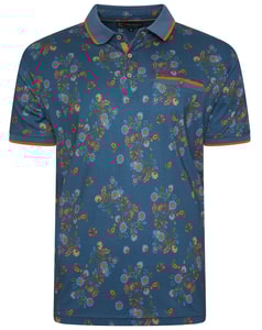 KAM Digital Floral Print Jersey Polo Blue